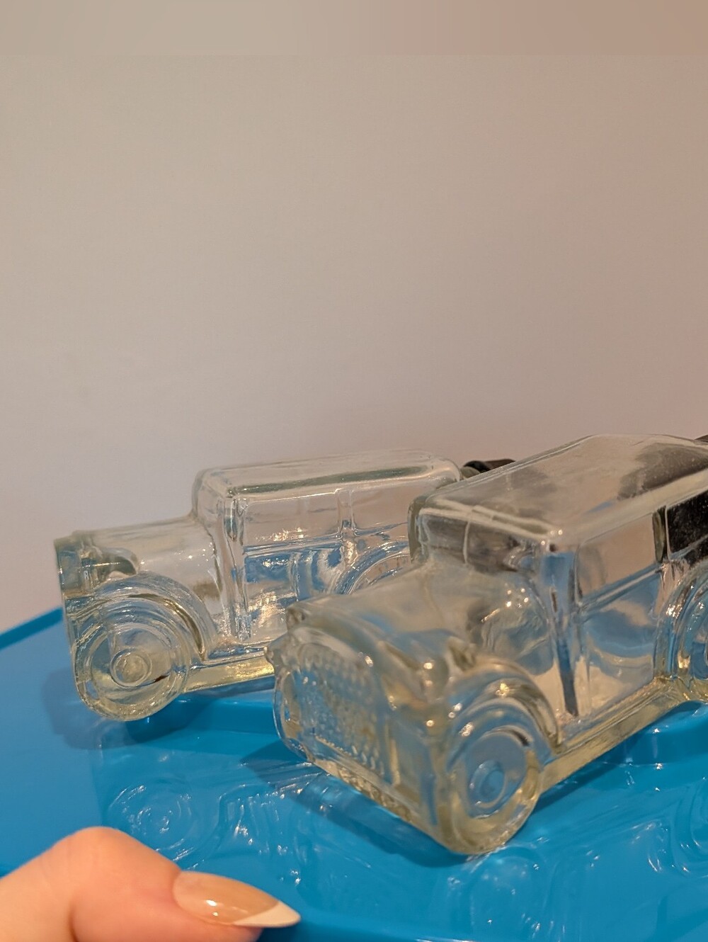 Pair Of Vintage Clear Glass Bottles Shaped Like Cars